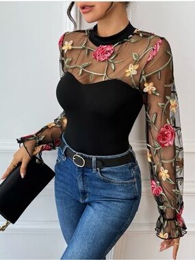 Sheer Floral Embroidered Black Bodysuit Top